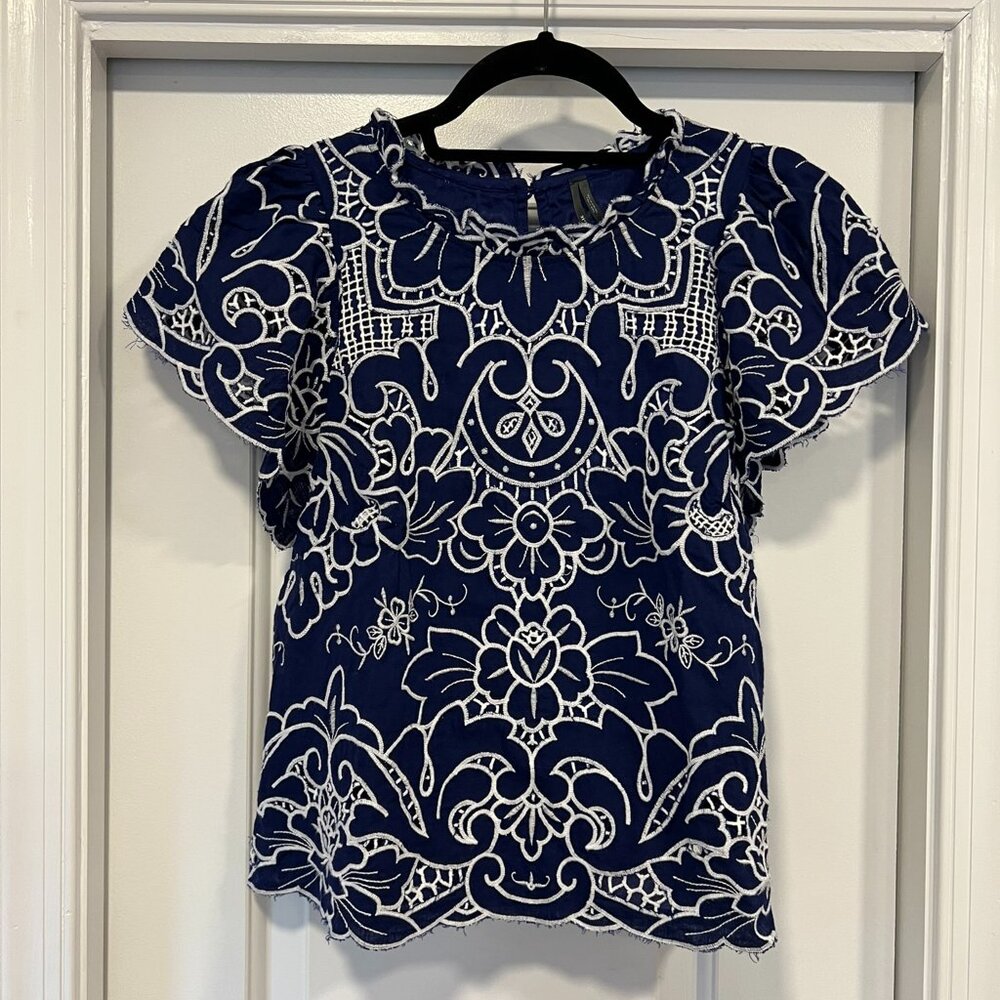 The Lainie High-Neck Lace Cutwork Blouse in Navy